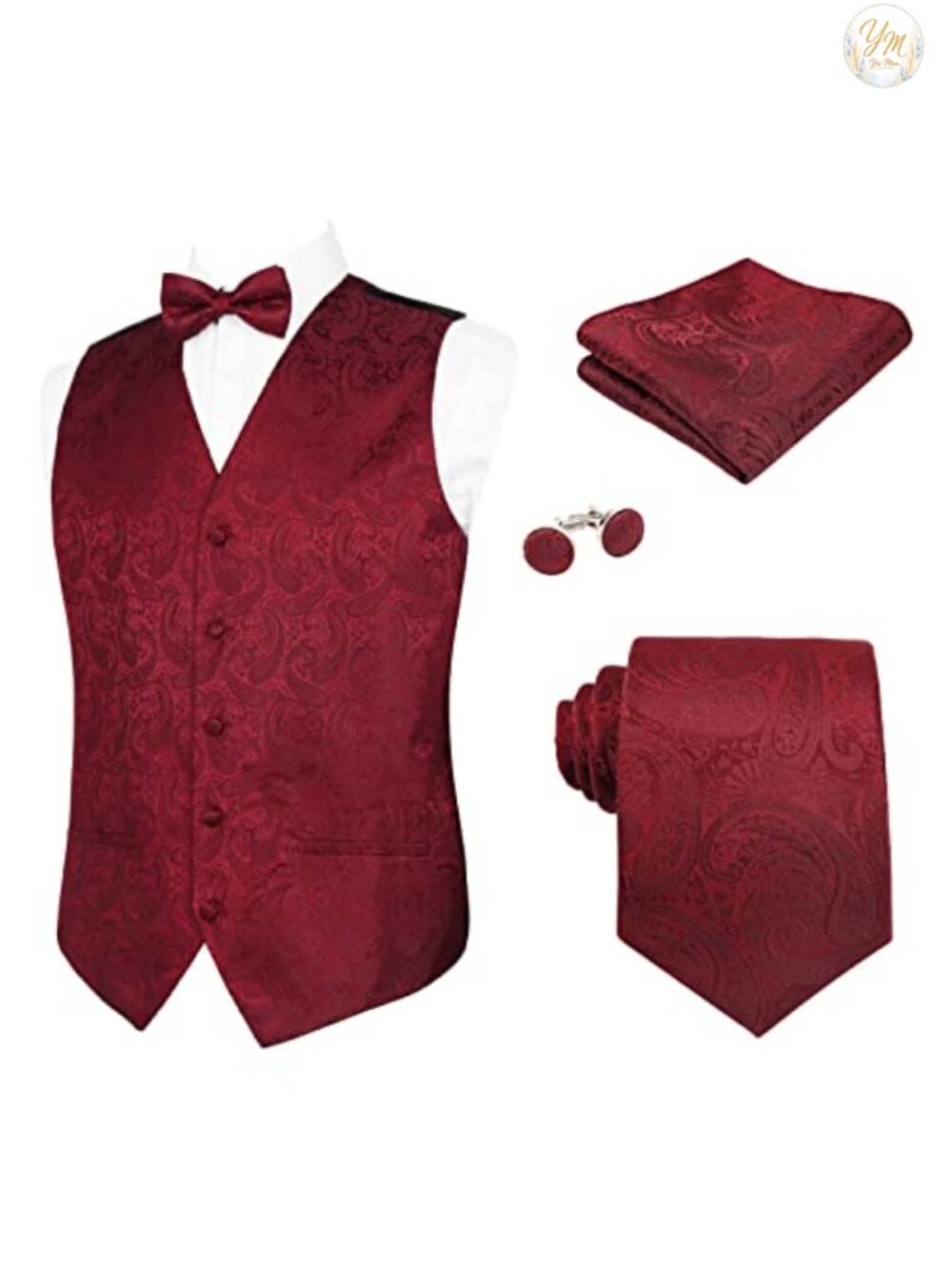 Men's 5-Piece Paisley Vest Set with Bow Tie Necktie Cufflinks Formal Suit Vest